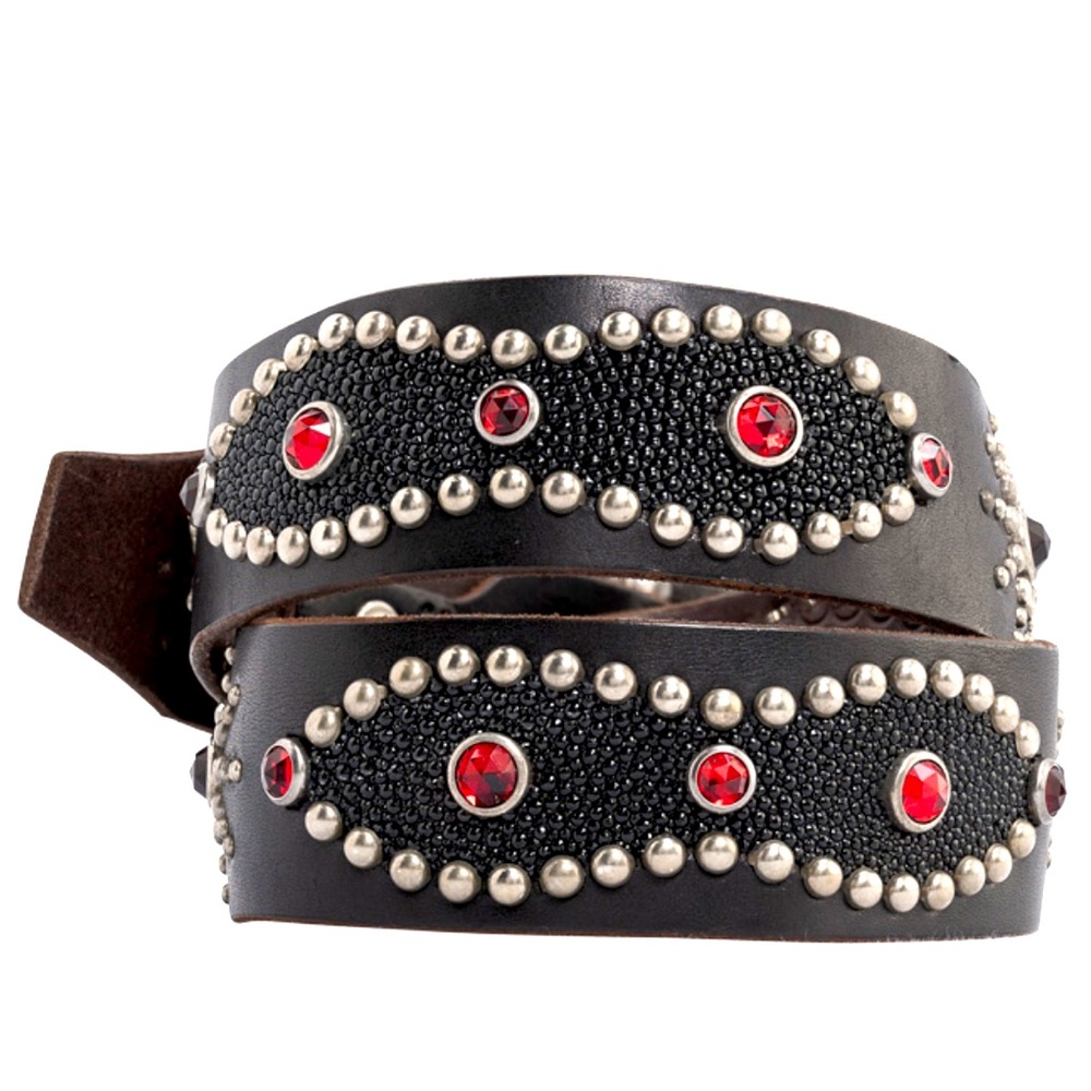 HTC Black Leather Red Crystal Jeweled Studded Stingray Peanut Rockabilly Belt 32 - Picture 2 of 10